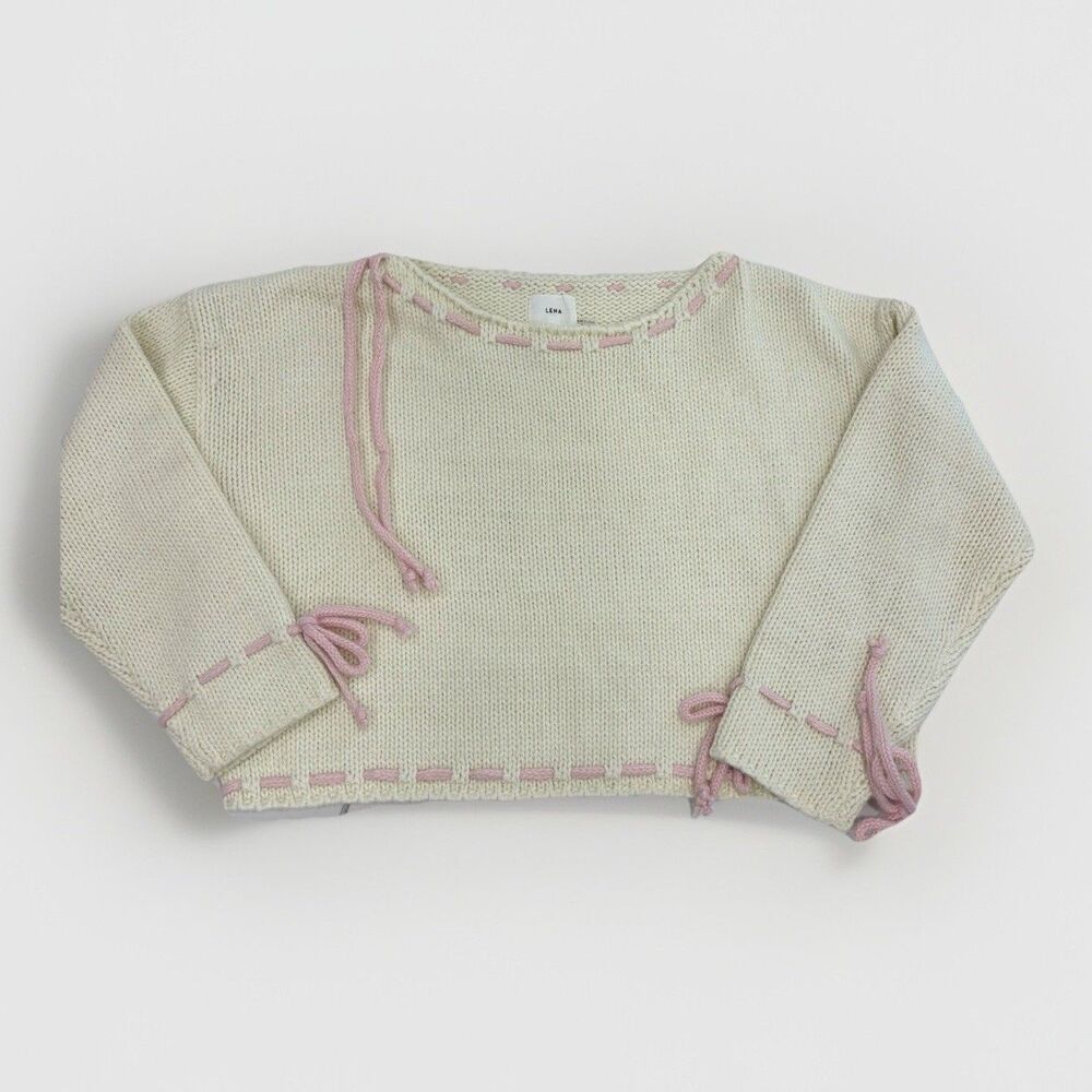 Lena Sweater Womens Size Medium Coquette Pink Cream Bow Knit Pullover